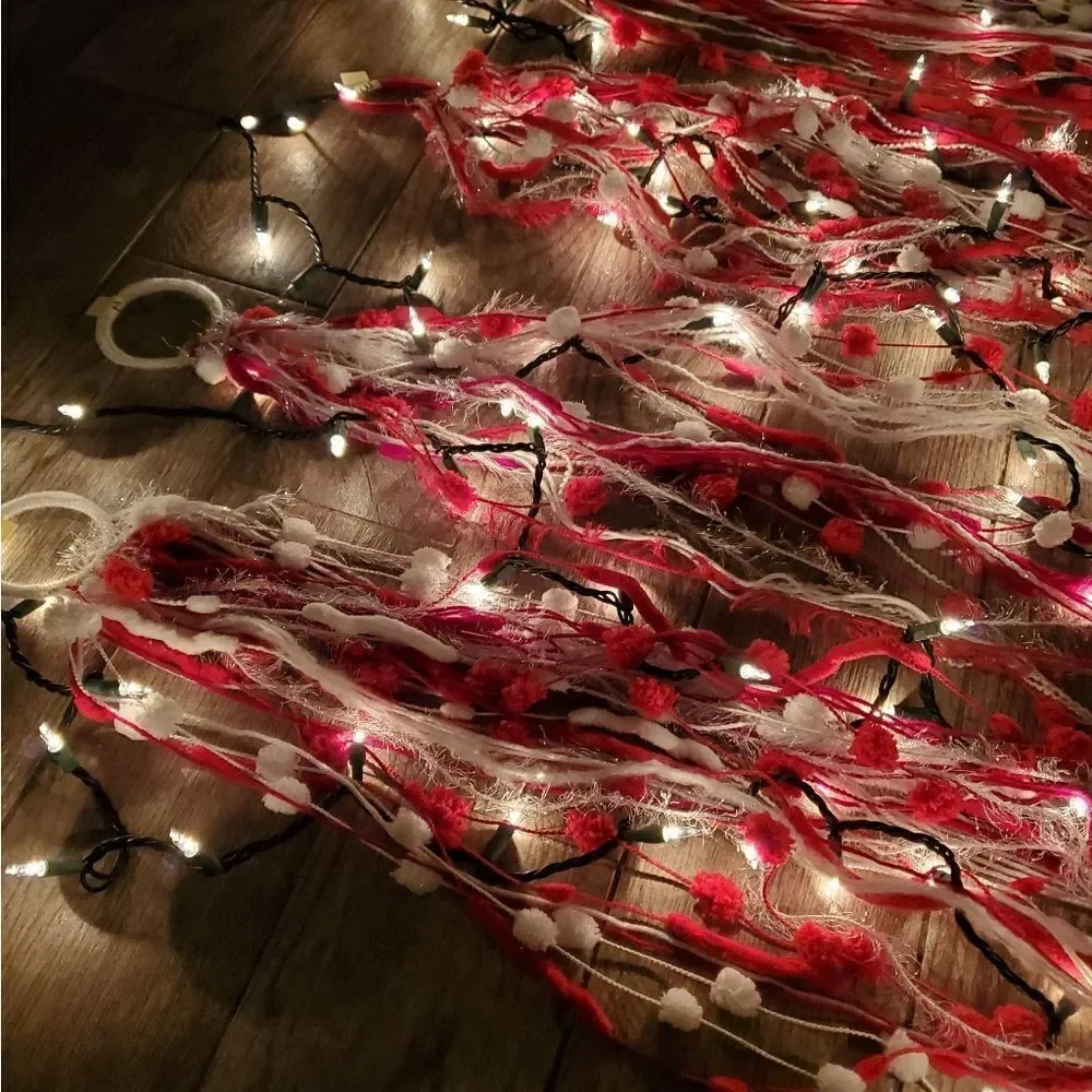 Hand Crafted Scarves or Boho Wall Hanging Decor Red White and Silver set of 4